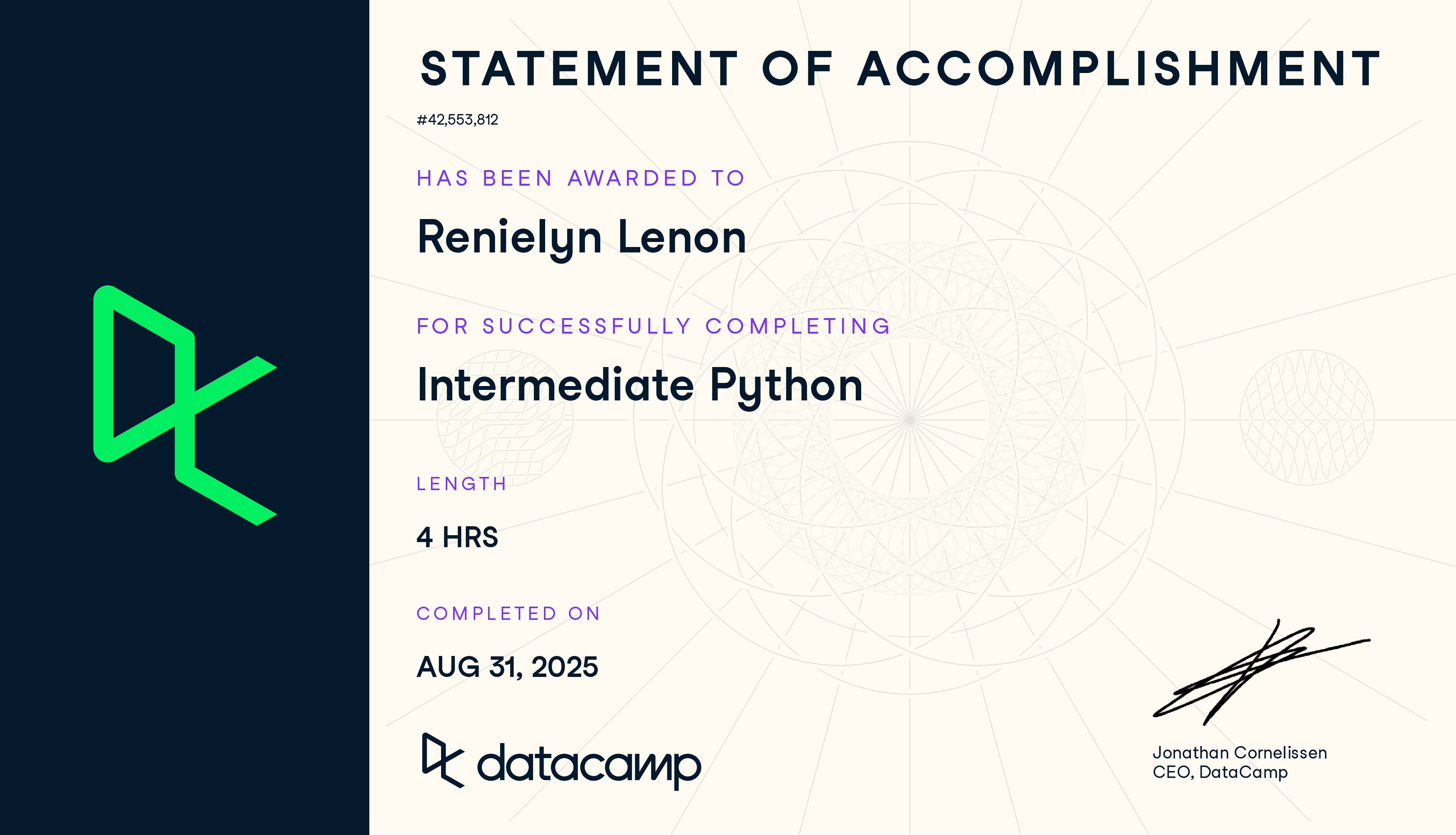 Intermediate Python Certificate by DataCamp - Renielyn Lenon